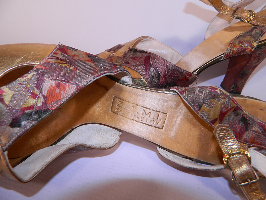 Vintage ZCMI Salt Lake City Art Deco Gold Leather Lam&eacute; Floral Shoes