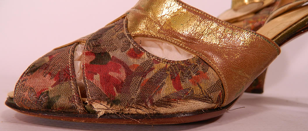 Vintage ZCMI Salt Lake City Art Deco Gold Leather Lam&eacute; Floral Shoes close up.