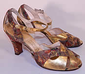 1930s Vintage ZCMI Salt Lake City Art Deco Gold Leather Lam&eacute; Floral Shoes