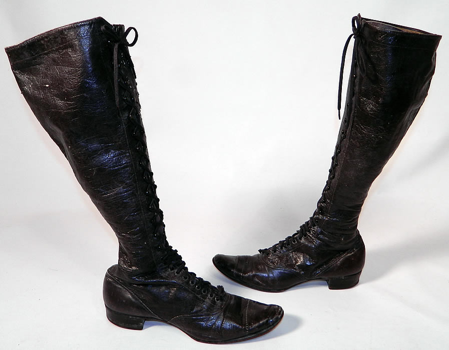 Victorian Womens Black Leather High Top Lace-up Hiking Riding Boots