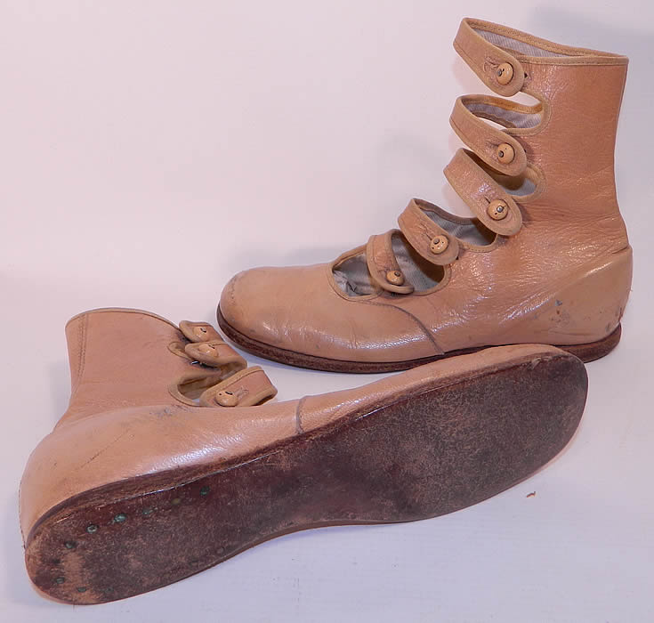 Edwardian Tan Leather High Button Strap Childrens Boots Shoes