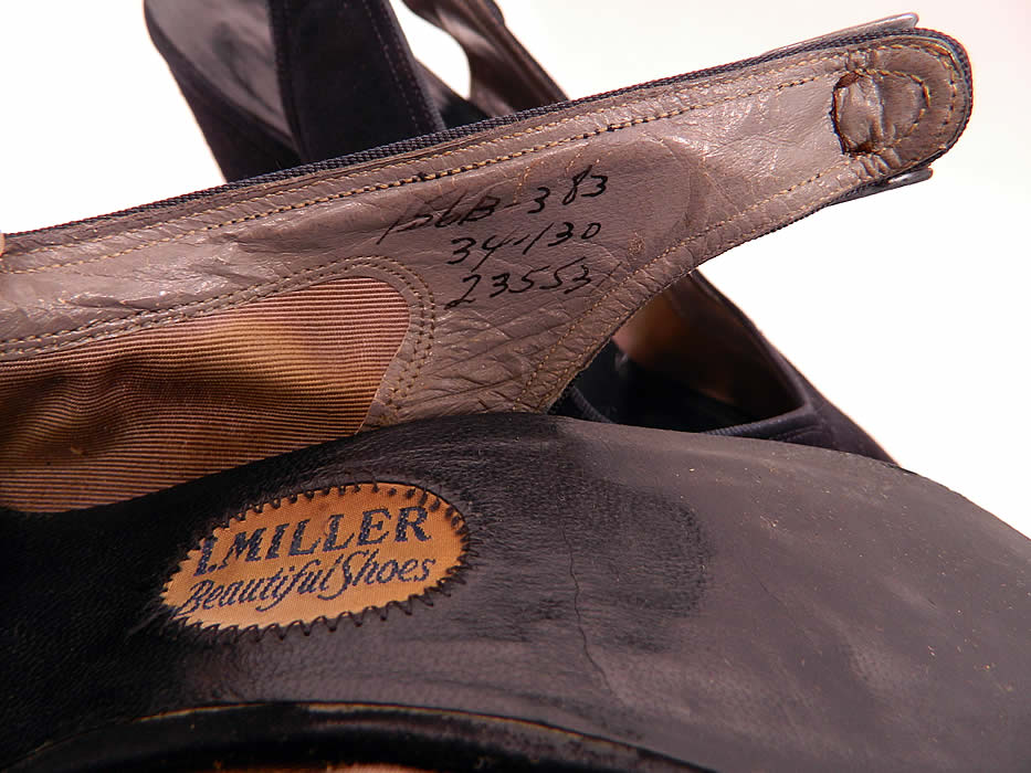 Vintage I. Miller Navy Blue Suede Leather Platform Sling Back Shoes & Box close up. They are stamped inside "I. Miller Los Angeles Beautiful Shoes" a size 6 B. 