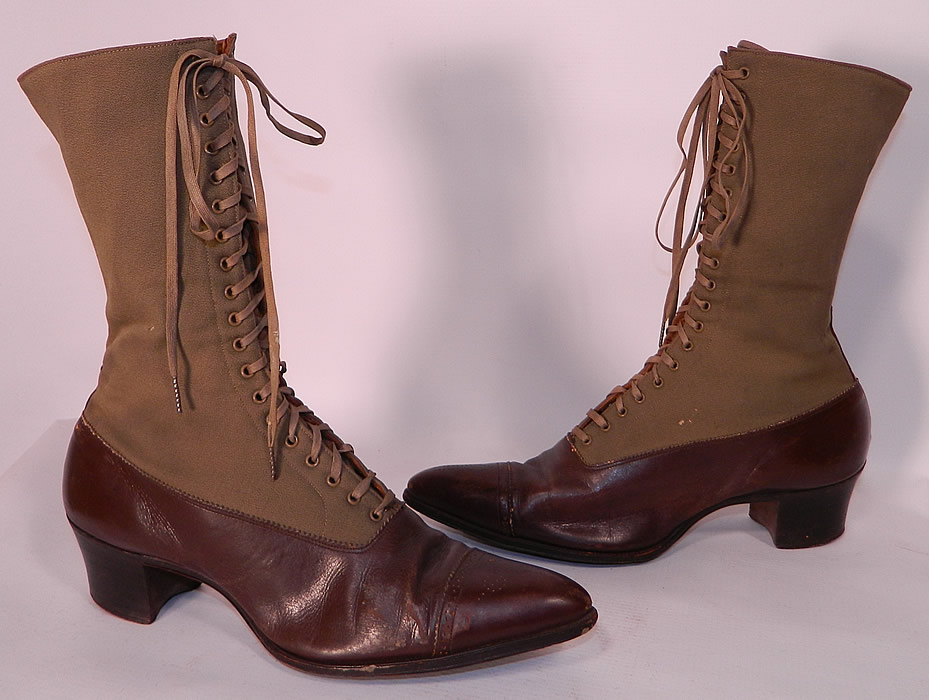 Victorian Brown Wool & Leather Two Tone High Top Lace-up Boots. They are made of a two tone color combination of a light brown khaki tan wool fabric upper boot and dark brown leather lower shoe. 
