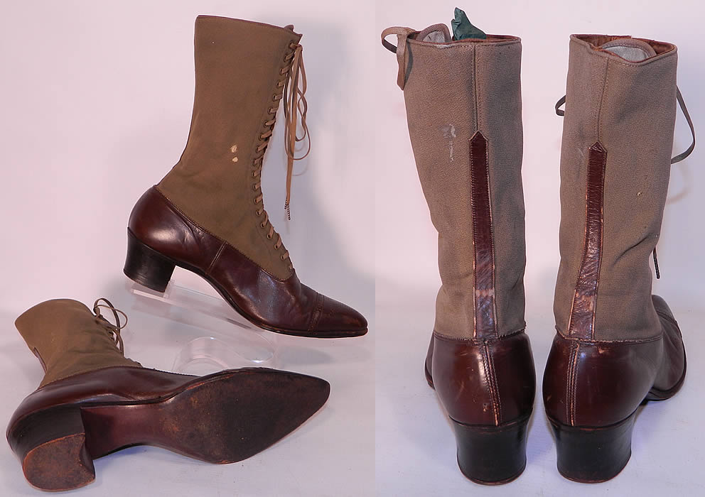 Victorian Brown Wool & Leather Two Tone High Top Lace-up Boots. These antique boots are difficult to size for today's foot but my guess would be about a size 7 or 8 narrow width. They have been gently worn and are in good condition, but do have a few small moth nip holes. These are beautiful quality made boots! 