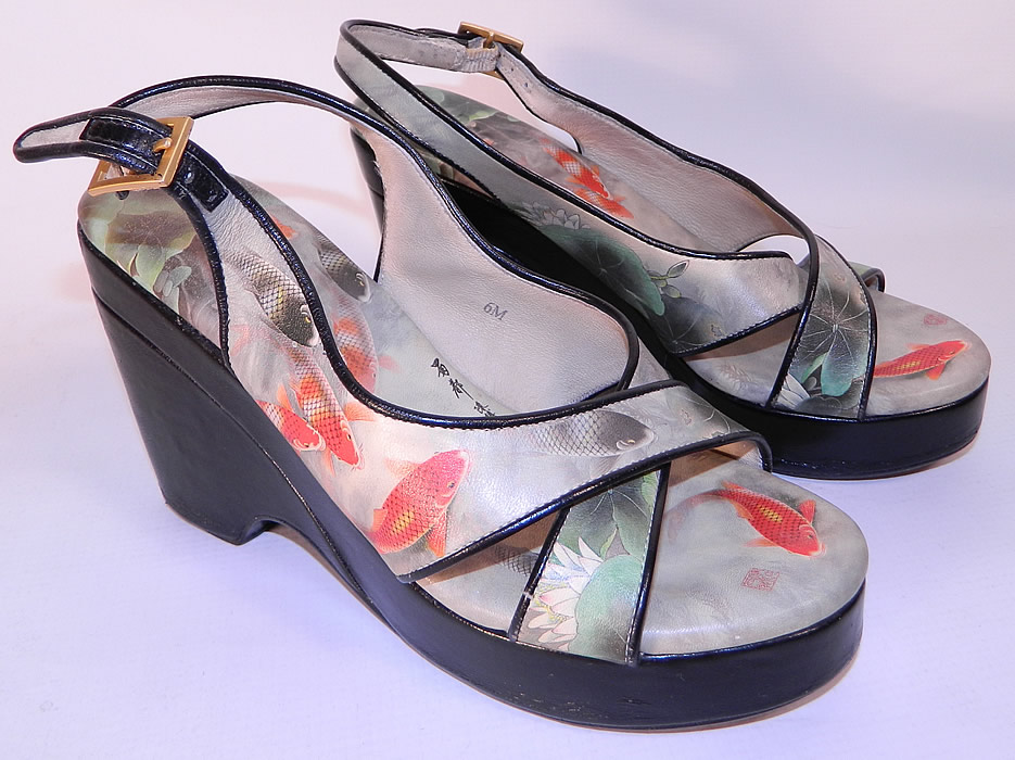 Vintage Icon Chinese Koi Fish Print Platform Wedge Sandal Shoes 