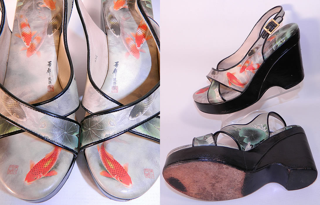 Vintage Icon Chinese Koi Fish Print Platform Wedge Sandal Shoes 