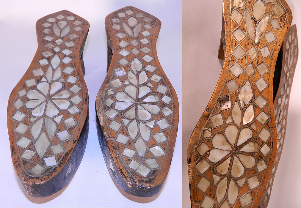 Antique Middle Eastern Mother of Pearl Inlaid Hand Carved Wooden Shoes. These are truly a beautiful one of a kind piece of wearable antique Middle Eastern shoe art! 