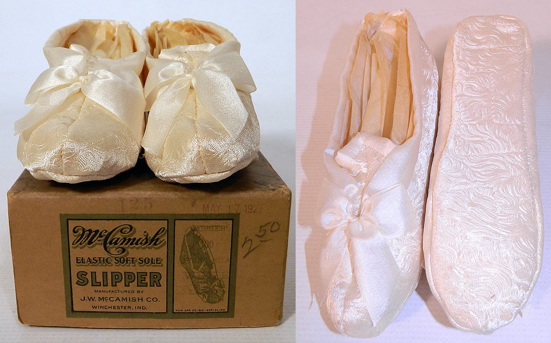 Vintage McCamish Funeral Burial White Satin Slipper Shoes.  This pair of vintage McCamish funeral burial white satin slipper shoes and box date from 1927. They are made of a feather textured white silk satin fabric with decorative white ribbon bow trim on the fronts. 