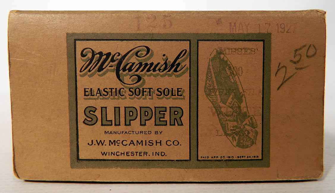 Vintage McCamish Funeral Burial White Satin Slipper Shoes. They come in the original box from the "J.W. McCamish Company Winchester, IN" with a stamped date of May 17, 1927 and are a size Large.