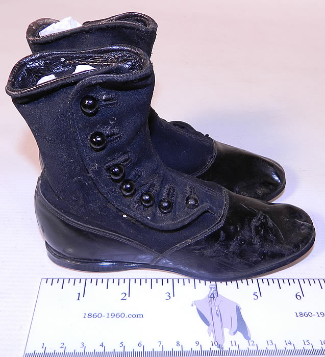 Victorian Black Wool Leather High Button Button Baby Boots Childs Shoes. The boots measure 5 inches tall, 7 inches long and are 2 inches wide. 