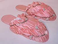 Vintage Prisma Pink Silk Rosette Ribbon Work Boudoir Mules Slipper Shoes.