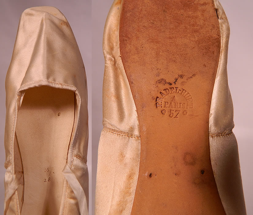Antique Pradel Huet Paris Label White Silk Ribbon Tie Straight Sole Shoes. These early women's shoes slipper style ballet flats have squared toes, original white silk ribbon tie lacings and straight leather flat bottom soles with no left or right distinction stamped on the bottom "Pradel-Huet A Paris 57". 