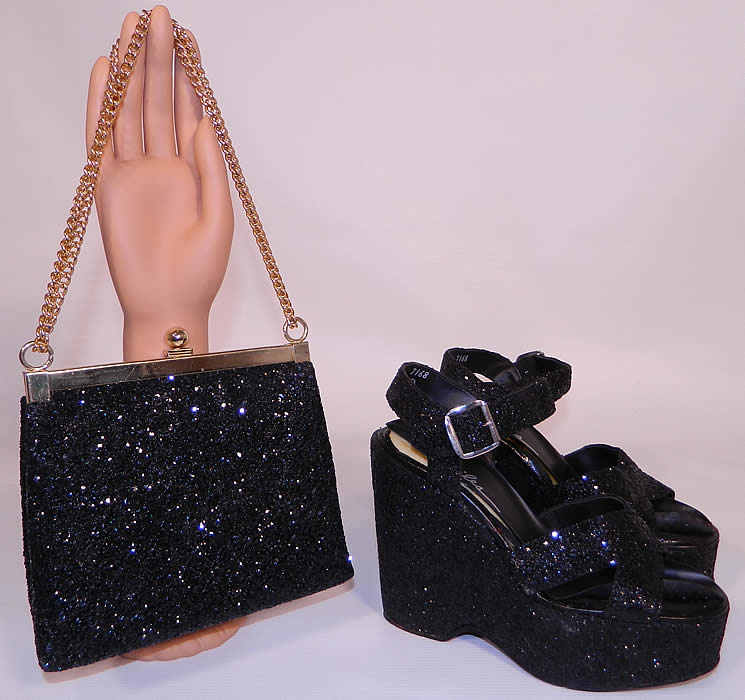 Vintage Miles Black Glitter Disco Platform Shoes & Purse Set. These sensational sexy disco shoes have a platform front lift, open toes, crisscross strap X vamps, with adjustable buckle ankle straps and a high platform wedge heel. 