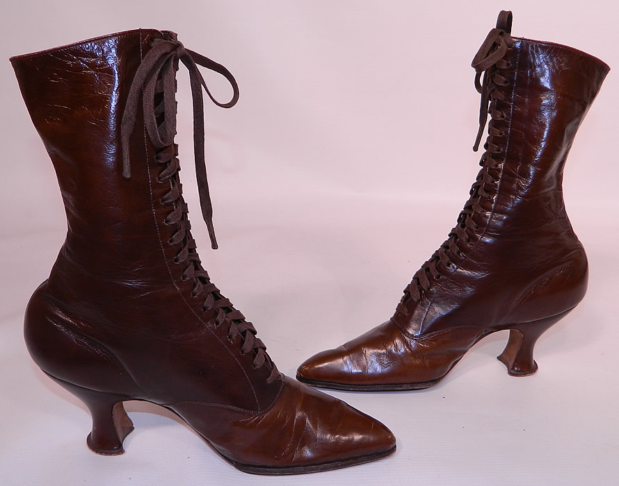 Victorian Marshall Field Co Chicago Brown Leather High Top Lace-up Boots. The boots have the original brown shoe laces, pointed toes and leather covered spool heels.