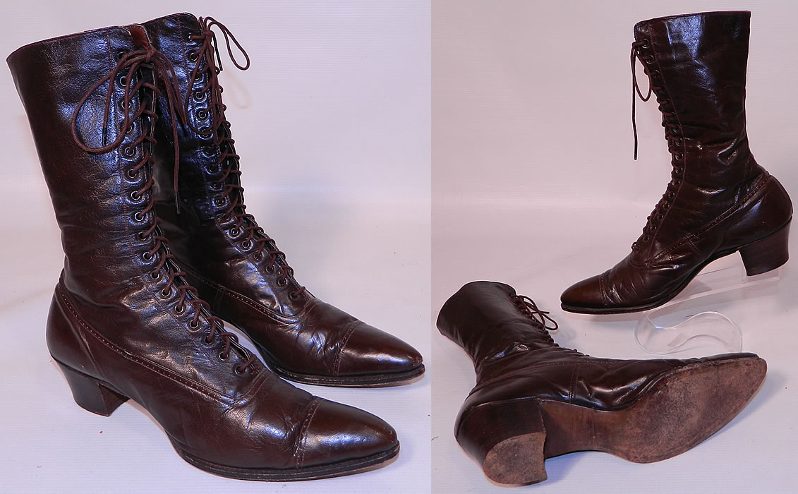 Victorian Antique Brown Leather High Top Lace-up Boots. This pair of antique Victorian era brown leather high top lace-up boots date from 1900. They are made of a dark chocolate brown color leather, with decorative punch work designs.