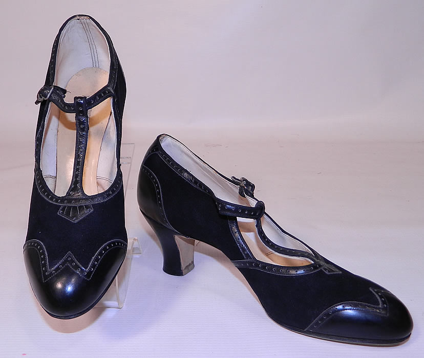 Unworn Vintage Active Maid  Brand Black Suede Leather  T-Strap Shoes. These womens work shoes have a T-strap adjustable ankle strap with silver buckle side closure and black leather covered Louis XV French heels. 