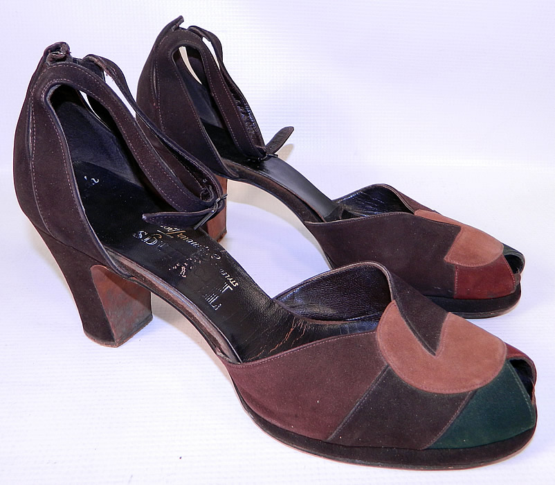 Vintage Troylings Patchwork Brown  Green Suede Leather  Ankle Strap Shoes. This pair of vintage Troylings patchwork brown green suede leather ankle strap shoes date from the 1940s. They are made of varying shades of brown and green suede leather done in a patchwork design. 