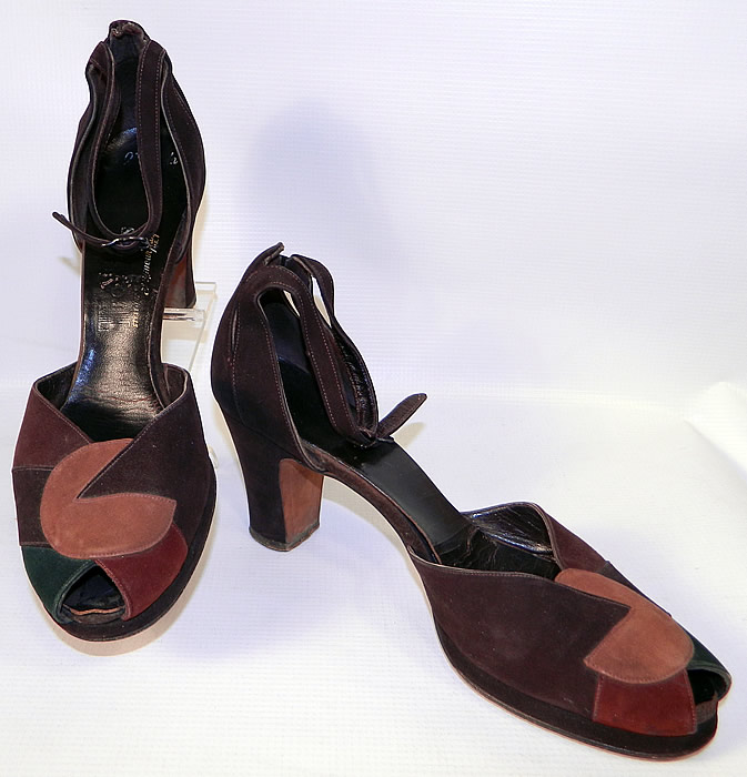 Vintage Troylings Patchwork Brown  Green Suede Leather  Ankle Strap Shoes. These sensational shoes have a low slight platform front lift, peekaboo open toes, with adjustable buckle sling back ankle straps and modified cube heels. 