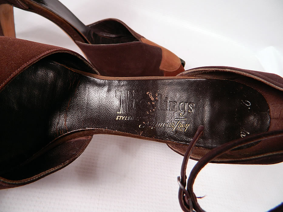 Vintage Troylings Patchwork Brown  Green Suede Leather  Ankle Strap Shoes. They are stamped inside "Troylings Styled By Seymour Troy" label. They are in good condition and have been gently worn. These are truly a wonderful piece of quality made wearable shoe art! 