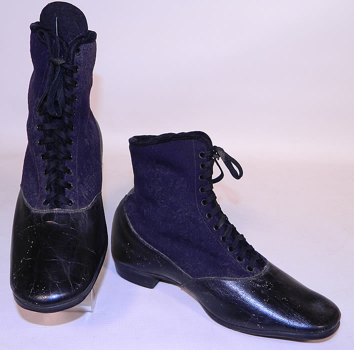 Victorian Black Leather Navy Blue Wool Winter High Top Lace-up Boots . This pair of antique Victorian era black leather navy blue wool winter high top lace-up boots date from the 1870s.