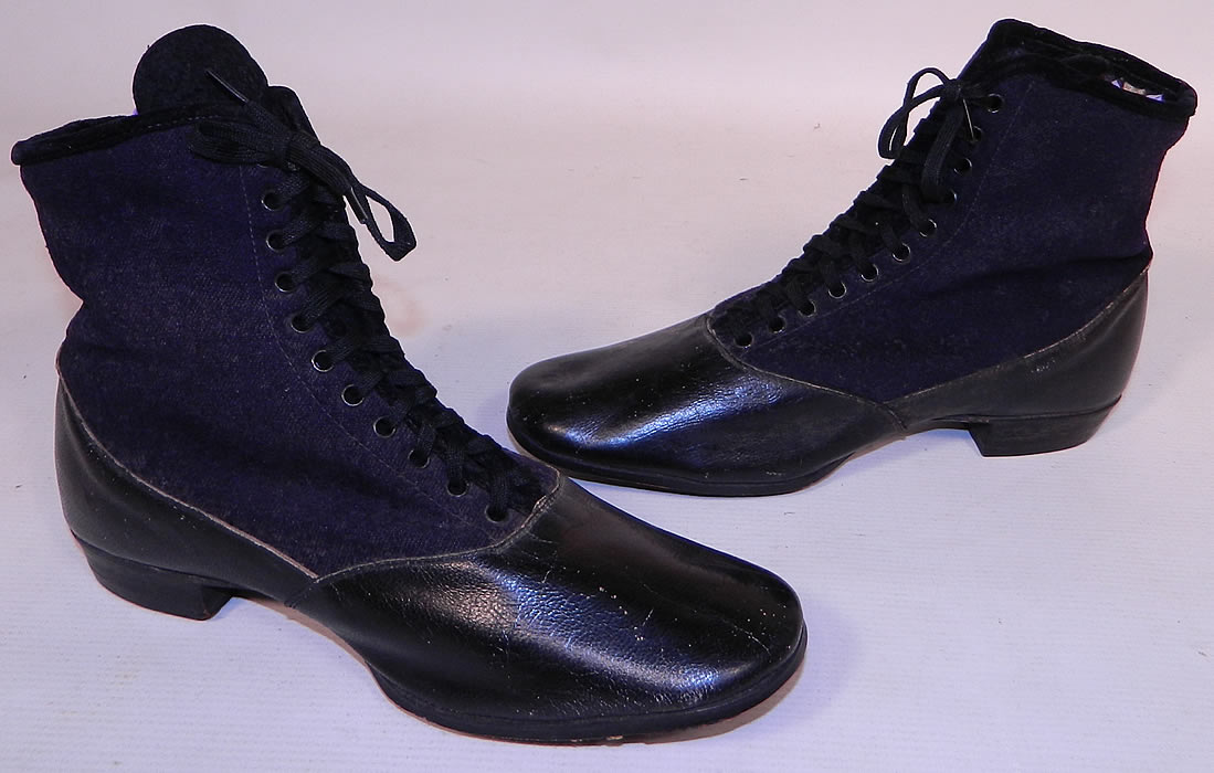 Victorian Black Leather Navy Blue Wool Winter High Top Lace-up Boots . These wonderful winter snow boots are fully lined in a gray wool fleece fabric inside for added warmth.