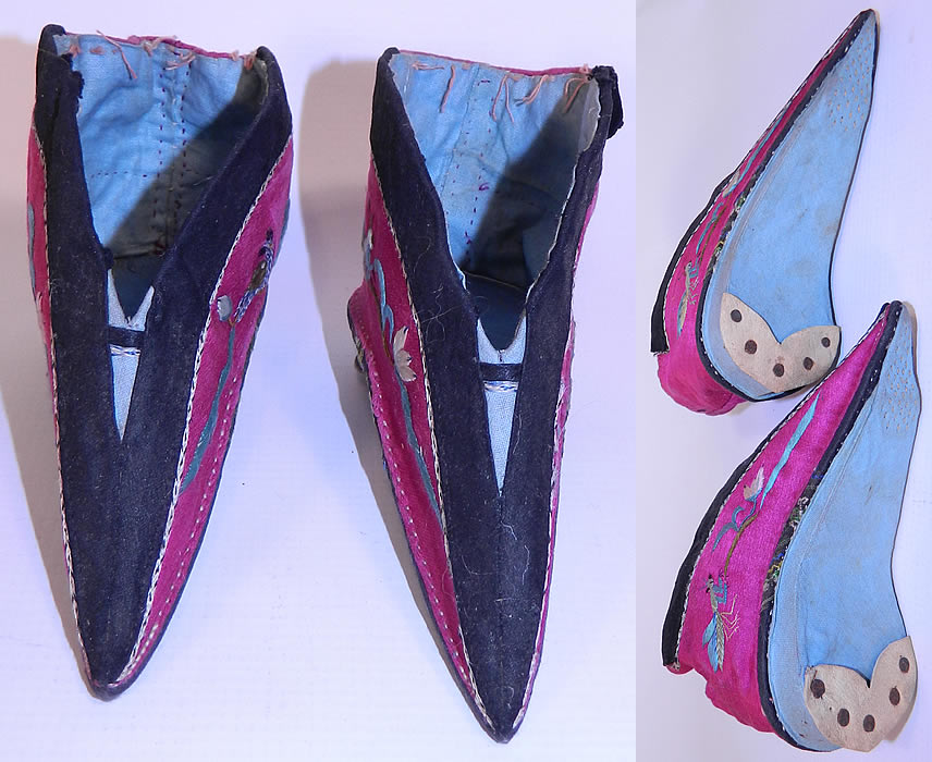 Antique Chinese Silk Embroidered Mantis & Bird Bound Foot Lotus Slipper Shoes. The phoenix represents strength, resilience, good fortune, luck and the mantis mystery. There is black trim edging along the top.