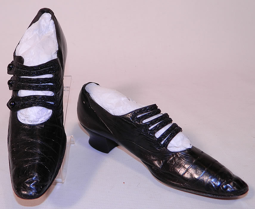 Victorian Black Leather Jet Beaded Button Strap Mary Jane Shoes. These beautiful black beaded Mary Jane style shoes have three cut out straps across the instep front vamps with side button closures and stacked black wooden French Louis XV heels. 