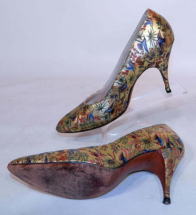 Vintage Galliano Gold Leather Botanical Hummingbird Print Stiletto Heel Shoes. The shoes measure 10 inches long, 3 inches wide, with 3 1/2 inch high heels and there is a size 7 1/2 M width stamped inside. They are in good condition and have been gently worn. These are truly a rare and wonderful piece of wearable shoe art!