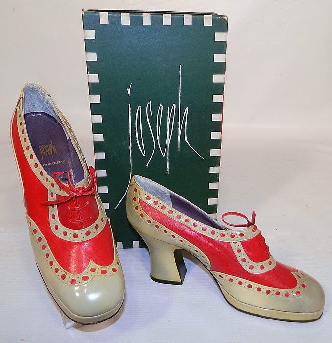 Unworn Vintage Jerry Edouard Joseph Red Eyelet Leather Oxford Platform Shoes & Box. This pair of unworn vintage Jerry Edouard Joseph red eyelet leather oxford platform shoes and box date from the 1970s. 