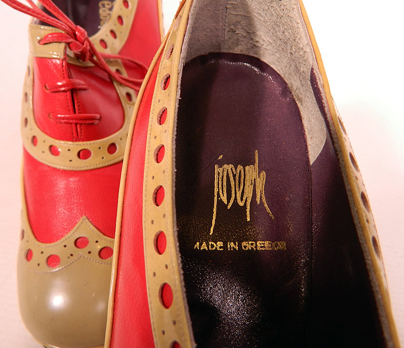 Unworn Vintage Jerry Edouard Joseph Red Eyelet Leather Oxford Platform Shoes & Box. There is a "Jerry Edouard", "Joseph Made in Greece" label gold embossed on the insoles and are stamped on the black bottom soles "Made in Greece D. Sevastakis". 
