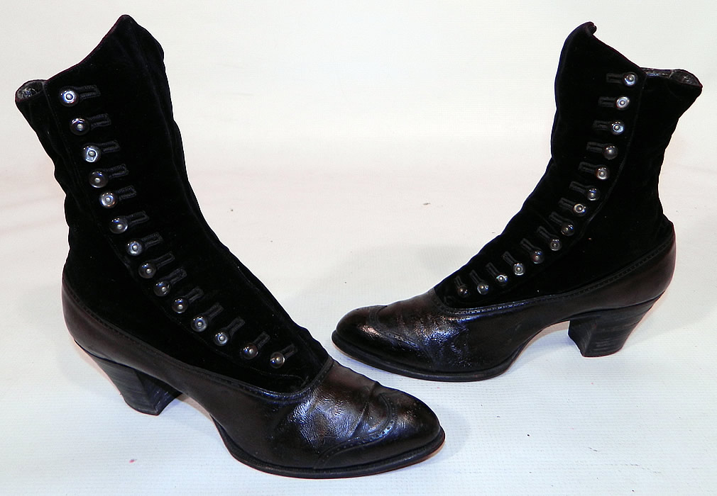 Victorian Black Velvet & Leather High Top Button Boots WH Tuttle Co Boston. This pair of antique Victorian era black velvet and leather high top button boots WH Tuttle Co. Boston dates from 1900. They are made of a black leather bottom shoe, with a black velvet fabric top.