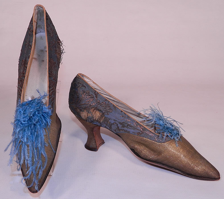Edwardian Titanic Blue Silk Gold Lam&eacute; Damask Brocade Feather Trim Shoes. This pair of vintage Edwardian Titania era blue silk gold lam&eacute; damask brocade feather trim shoes date from 1912.