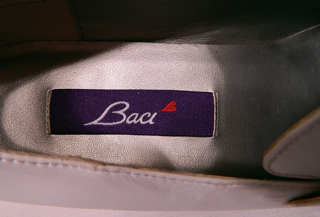 Unworn Vintage Baci Rhinestone Trim White Leather Loafers Disco Platform Shoes. There is a "Baci" Made in China, Size 8 M label inside. 