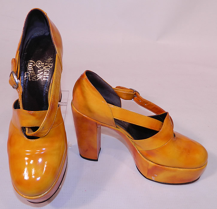 Vintage Mignani Right Bank Clothing Yellow Patent Leather  Platform Shoes. They are made of a tie dye two tone gold yellow color patent leather. I would guess the approximate size to be a 7 1/2 or 8. They are in good condition and have been gently worn. These are truly a rare and wonderful piece of wearable shoe art!
