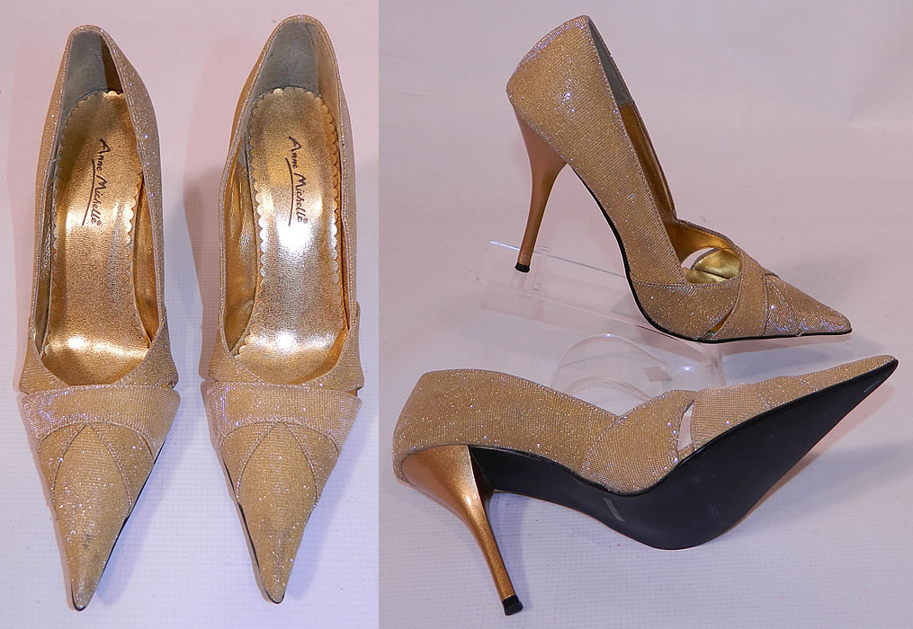 Vintage Anne Michelle Winklepickers Gold Lame Lam&eacute; Stiletto Heel Shoes. These elegant evening shoes have a winklepicker pump style, with a long sharp pointed toe, gold stiletto high heels and criss crossing strap instep vamps.