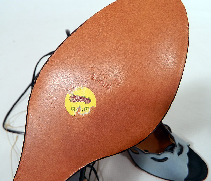 Vintage Shoes by Ivory Blue Leather Floral Embroidery Ankle Strap Wedge Heel. They have a "Shoes by Ivory" gold embossed label insoles and are stamped on the bottom soles "Made in Spain". 