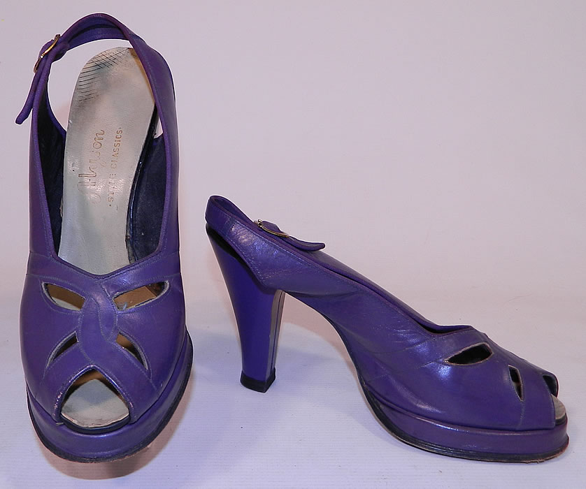 Vintage Alyson Style Classics Purple  Leather Slingback Platform Shoes
This pair of vintage Alyson Style Classics purple leather slingback platform shoes date from the 1940s. 