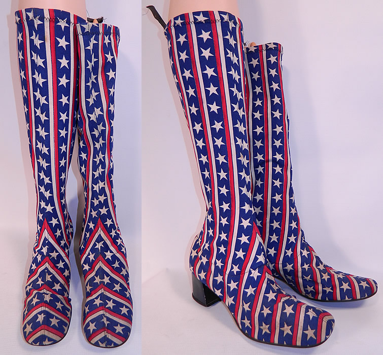 Vintage Patriotic Red White Blue Stars & Stripes Stretch Fabric Knee High GoGo Boots
This pair of vintage patriotic red, white, blue stars and stripes stretch fabric knee high gogo boots date from the 1960s. They are custom made of a red, white and blue stars & stripes stretch spandex fabric.