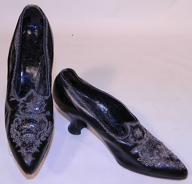 Victorian Black Leather Steel Cut Beaded Trim Patriotic Stars Shoes
These beautiful beaded evening shoes have pointed toes, a decorative tongue and leather covered French Louis XV spool heels. 