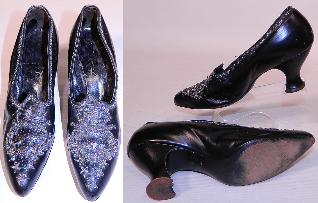 Victorian Black Leather Steel Cut Beaded Trim Patriotic Stars Shoes
The shoes measure 10 inches long and 2 1/2 inches wide. 
