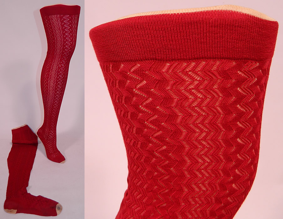 Victorian Red Cotton Knit Chevron Zigzag Pattern Thigh High Stockings Socks
This pair of antique Victorian era red cotton knit chevron zigzag pattern thigh high stockings socks date from 1900. They are made of a red cotton knit fabric, with a sheer woven chevron zigzag pattern design.