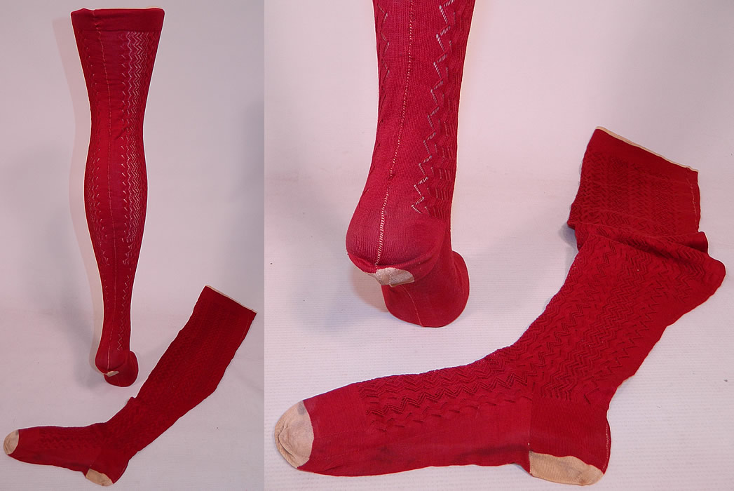 Victorian Red Cotton Knit Chevron Zigzag Pattern Thigh High Stockings Socks
These ladies lovely long thigh high stocking socks have a ribbed band top with white stripe trim, white capped toes & heels and a back seam. 