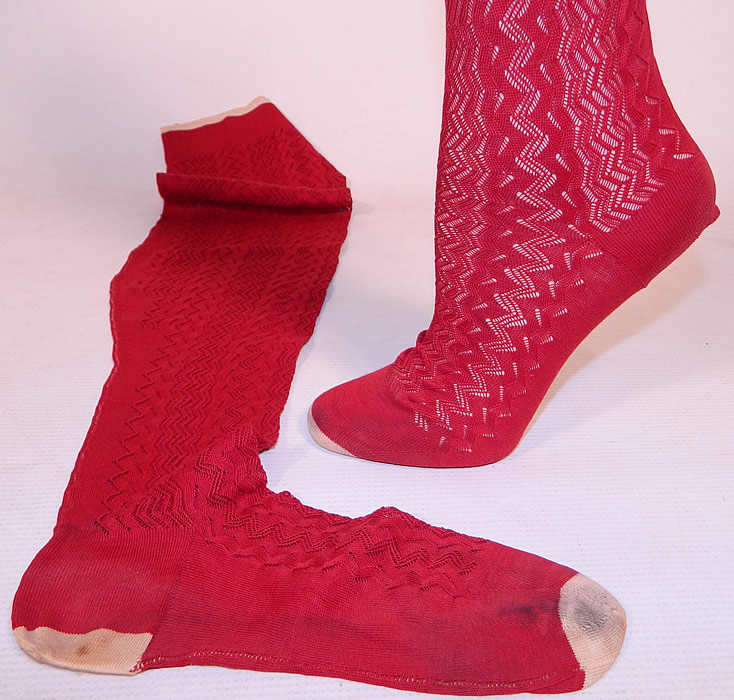 Victorian Red Cotton Knit Chevron Zigzag Pattern Thigh High Stockings Socks
The stockings measure 25 inches long, with a 9 inch long foot and 13 inch circumference at the top opening. They are in good condition and have been gently worn, with only some faint staining on the foot. These are truly a rare red color and wonderful piece of antique Victoriana wearable art!