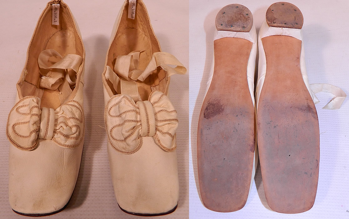 Victorian Wedding White Kid Leather Bow Trim Ribbon Ties Straight Sole Shoes
The shoes measure 9 1/2 inches long, 2 inches wide and a 1 inch high heel.
