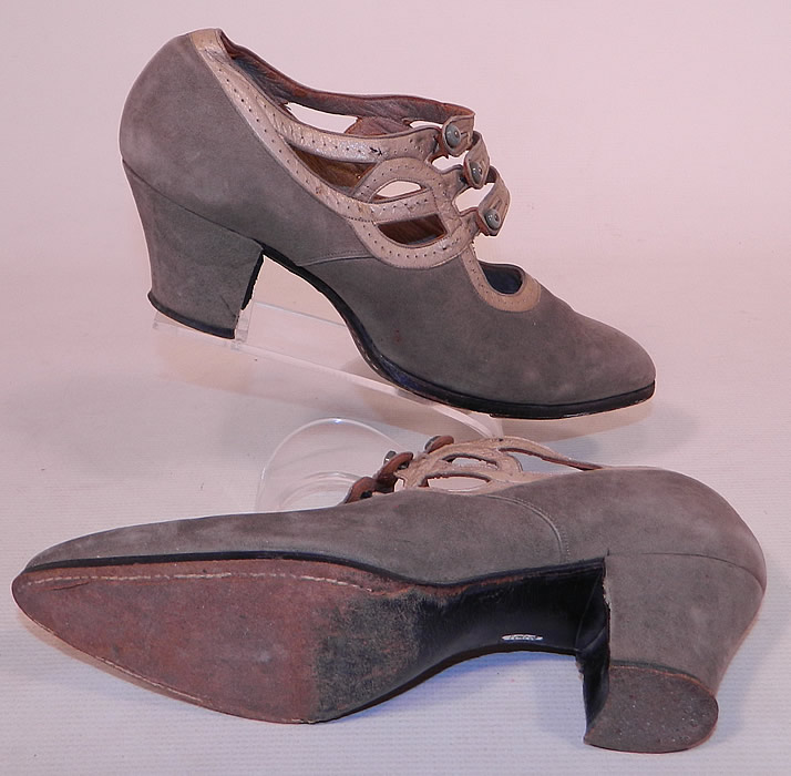 Vintage R.H. White Co. Gray Suede Leather Button Strap Mary Jane Flapper Shoes
They have been gently worn and are in good condition, with only some minor wear to the leather straps (see close-up). These are truly beautiful quality made shoe!