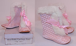 Vintage Ideal Baby Carriage Boot Pink Quilted White Fur Trim Winter Child Shoes & Box
