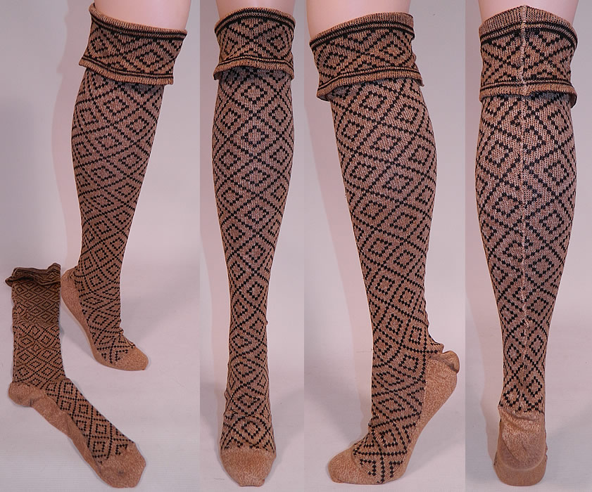 Victorian Brown & Black Knit Argyle Diamond Pattern Thigh High Stockings Socks
This pair of antique Victorian era brown and black knit argyle diamond pattern thigh high stockings socks date from 1900. They are made of a light reddish brown copper color and black cotton knit weave fabric, with a woven argyle diamond pattern design. These ladies lovely long thigh high stocking socks have a folded over, rolled ribbed band cuff top, seamed back, capped toes & heels.