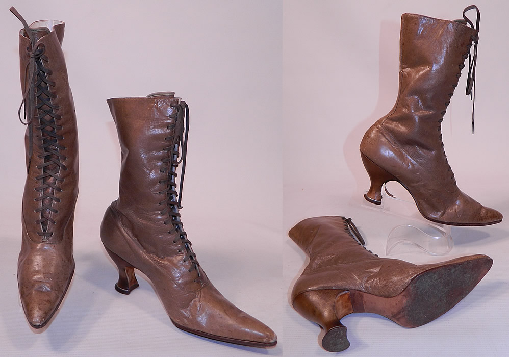 Victorian Antique Tan Brown Leather High Top Lace-up Boots Spool Heel Shoes
They are in good condition, gently worn, with some scuffs marks on the toes and small water, age spot stains. These are truly a wonderful quality made antique boot!