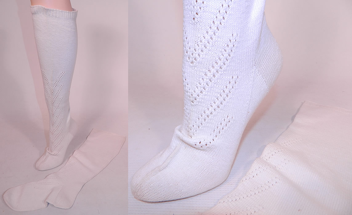 Victorian White Cotton Knit & Embroidered Thigh High Stockings Socks 2 Pairs
They measure 17 inches long, with an 8 1/2 inch long foot and appear to have never been worn, in excellent clean condition. The second pair is made of an off white cream color fine cotton knit fabric, with a colorful embroidered floral leaf pattern design on the bottom front leg. 