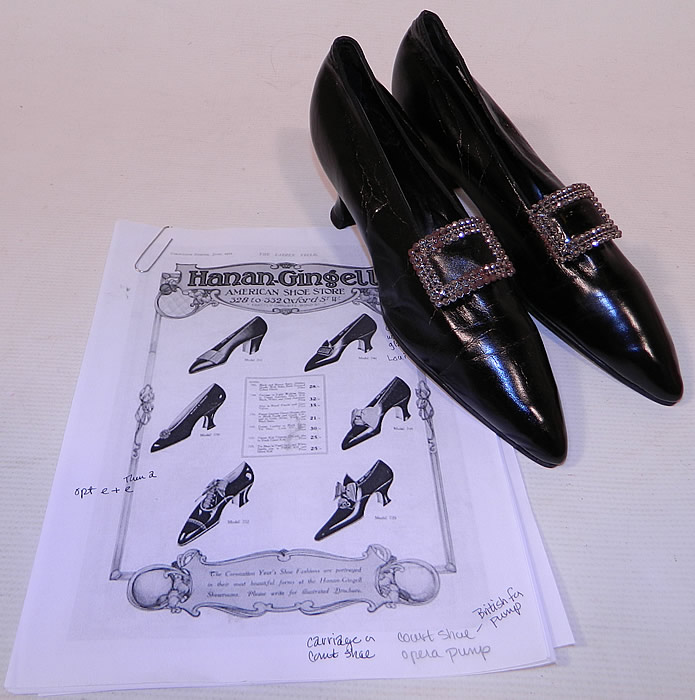Edwardian Hanan & Son NY Black Patent Leather Steel Cut Buckle Shoes & Shoe Bag
The shoes measure 10 1/2 inches long, 2 1/2 inches wide, with a 2 inch high heel. 